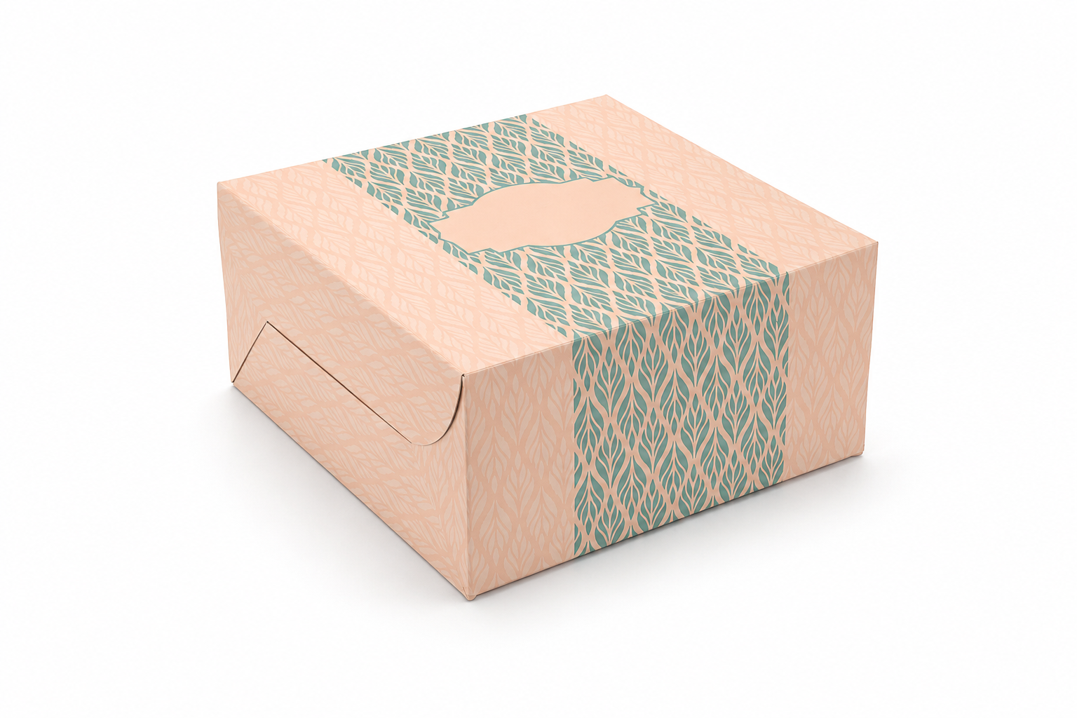Kraft cake box with a teal lattice-print band and die-cut carry slot